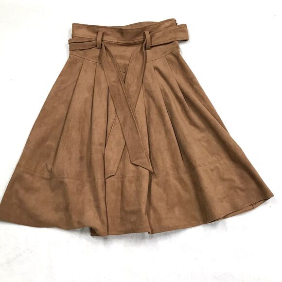 ANTHROPOLOGIE Akemi Kin Skirt Women 0 (26x36) Mocha Faux Suede Tulip Belt Pleat - Picture 1 of 12